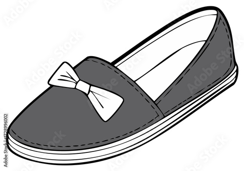 Gray slip-on shoe with bow detail, outlined vector illustration