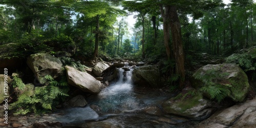 Exported waterfall in lush rainforest hdr panoramic 360-degree view nature scene
