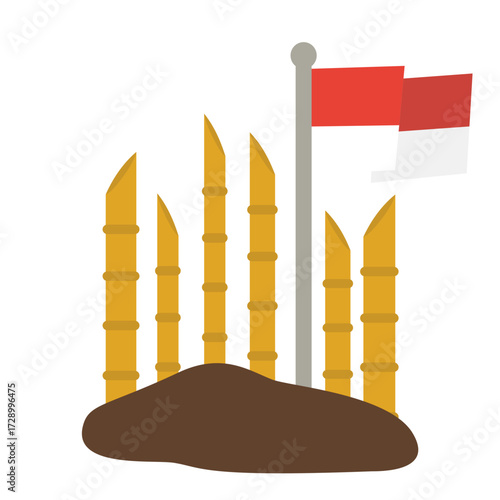 Illustration of Indonesian Flag with Bamboo Fence