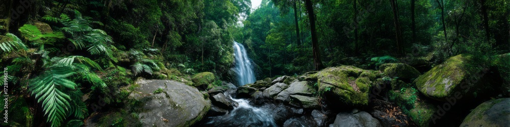 Fototapeta premium Exported waterfall in lush rainforest hdri panoramic viewpoint nature environment