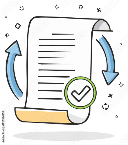 Paper document with check mark and arrows, representing approval and process, hand-drawn cartoon