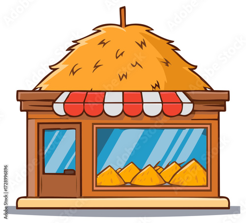 Charming cartoon shop with a large haystack roof and awning