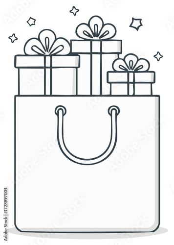 Line art illustration of a shopping bag full of gift boxes with bows and sparkles