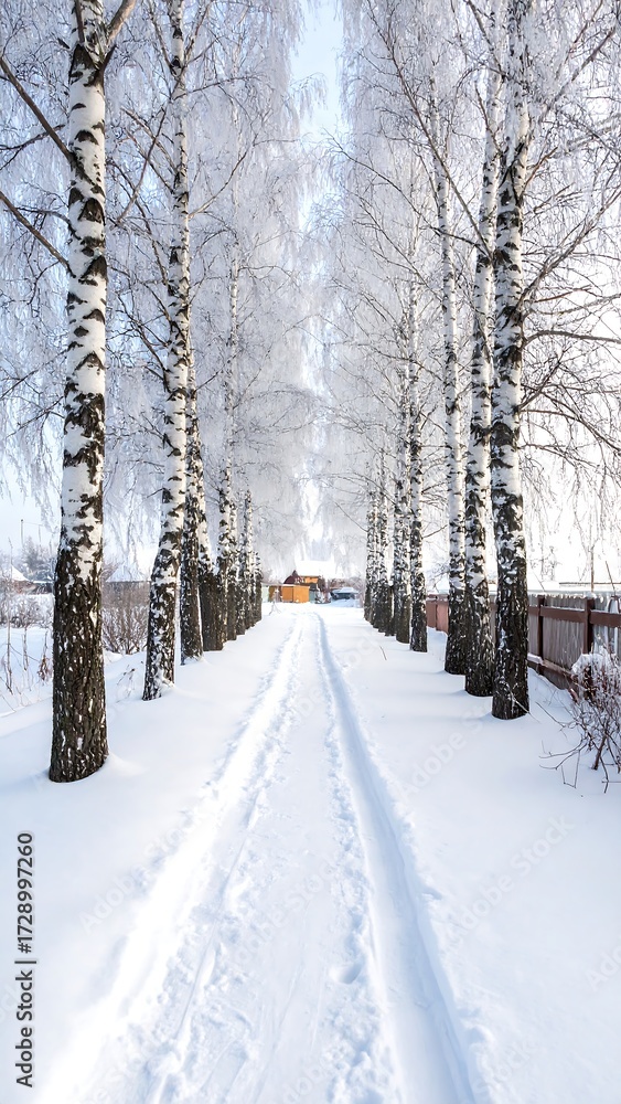 Obraz premium Winter lane with birch trees