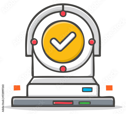 Abstract digital verification system with a large checkmark on screen for success and approval