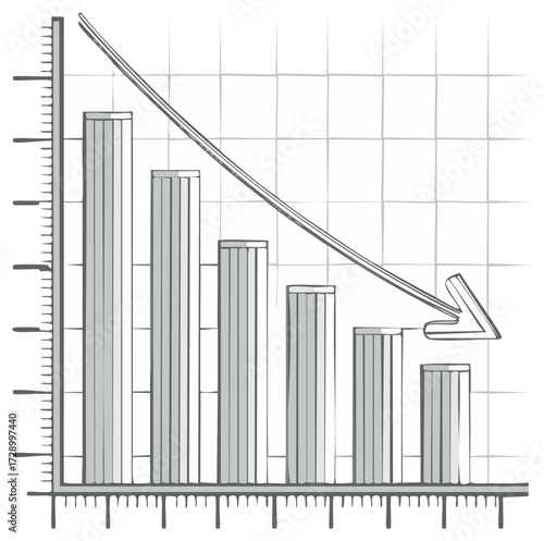 Hand drawn bar graph showing a sharp downward trend with a descending arrow