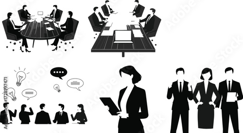Business meeting, teamwork, brainstorming, office collaboration, corporate group discussion, leadership, professional management