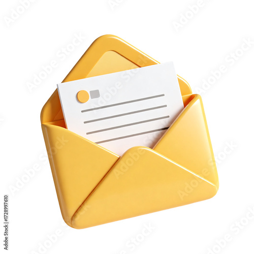 Opened yellow envelope with blank letter notification 3D Render Icon Illustration Cute Cartoon Style