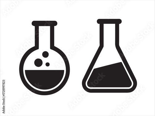 Vector illustration of laboratory glassware icon showing chemistry equipment like a flask, test tube, and beaker for science experiments and research.