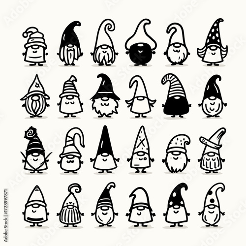 A collection of 25 whimsical drawings of gnomes with various hats and beards