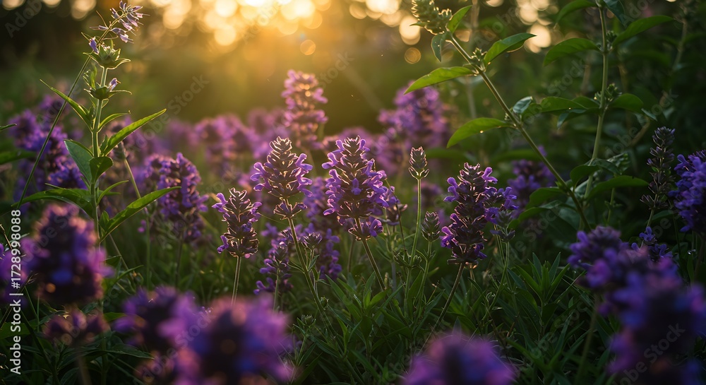 Obraz premium Purple Wildflowers Blooming in a Garden at Sunset.