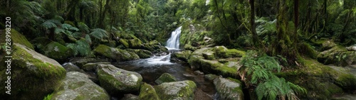 Majestic waterfall in lush rainforest hdri panoramic view nature paradise