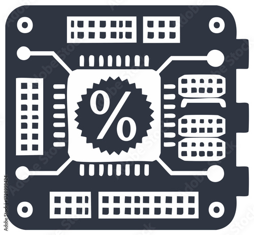 Computer hardware sale concept with a discount percent sign on a circuit board processor icon
