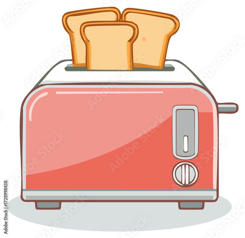 Bright red retro style toaster with three slices of golden bread popping out ready for a delicious breakfast