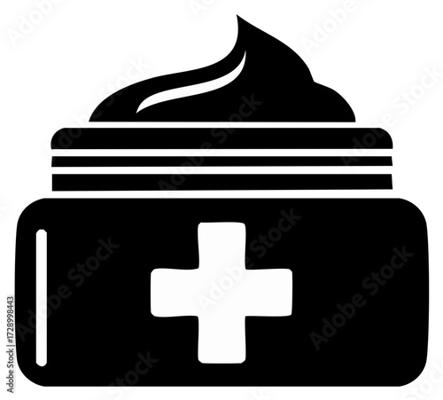 Topical cream in a jar container, graphic icon with medical cross symbol illustration