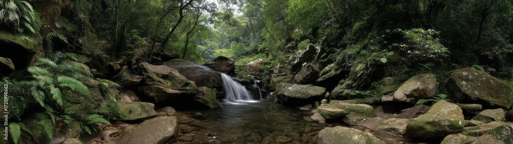 Fototapeta premium Lush rainforest waterfall vibrant nature hdri panoramic view scenic environment