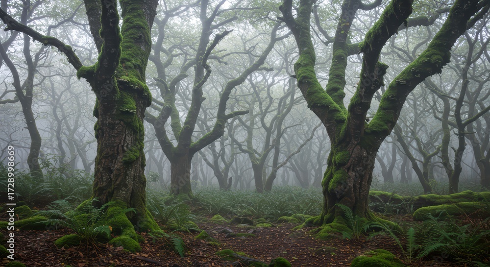 Fototapeta premium Mysterious ancient forest with twisted moss-covered trees shrouded in fog creating an enchanting