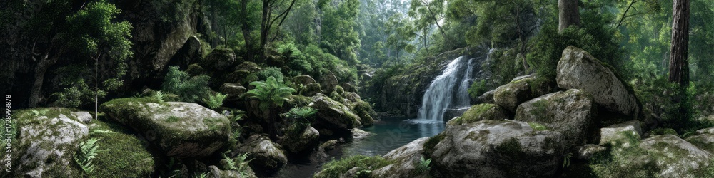 Fototapeta premium Lush rainforest waterfall hdr panoramic view serene nature landscape 360-degree scenic beauty