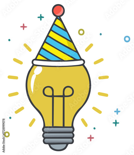 Bright Idea Light Bulb Wearing Party Hat with Confetti and Rays