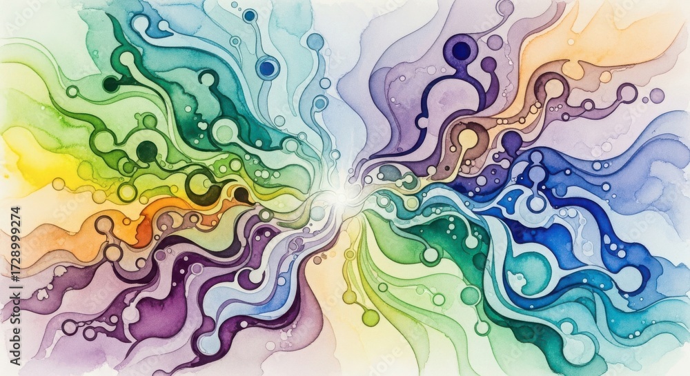 Fototapeta premium Illustration of colorful abstract watercolor painting with swirling shapes and vibrant colors, creating a dynamic and artistic design