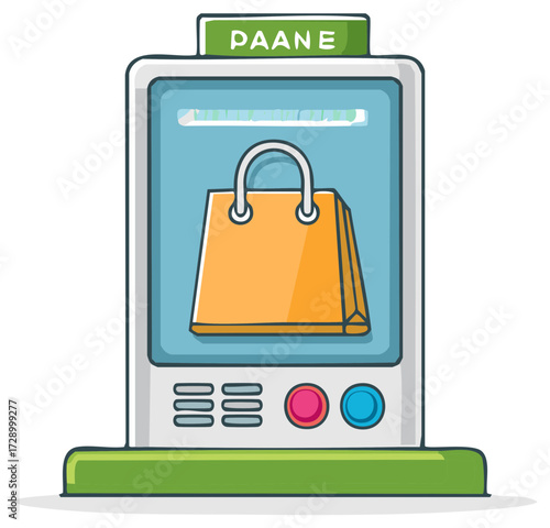 Cartoon Shopping Bag Display Machine with Button Controls for Purchase Transactions Illustration