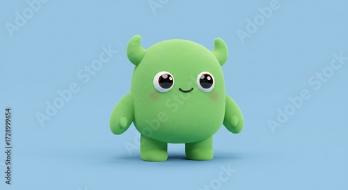 Green cartoon monster character with big eyes on light blue background