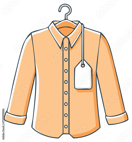 Illustration of a long sleeved orange shirt hanging with a blank tag on a clothes hanger