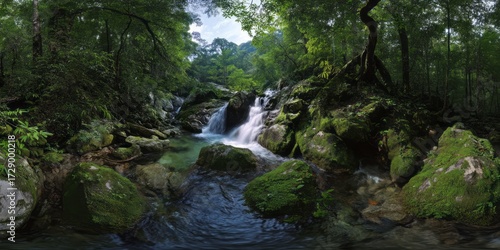 Lush rainforest waterfall exported hdri panoramic view nature landscape 360-degree environment
