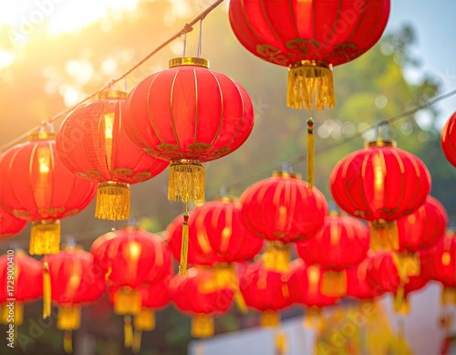 Red Lanterns Hanging Outdoors in Warm Sunlight