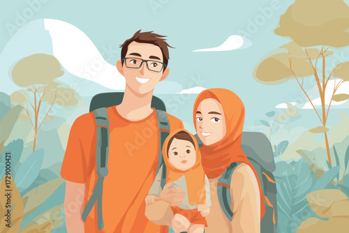 A man and a woman with a child are smiling and posing for a picture. The man is wearing an orange shirt and the woman is wearing an orange scarf. They are all carrying backpacks