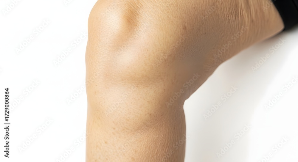 Fototapeta premium Close-up of a human elbow showcasing skin texture and joint structure against a white background