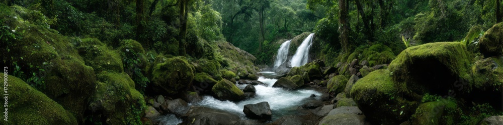 Fototapeta premium Stunning waterfall in lush rainforest hdr panoramic view serene nature environment