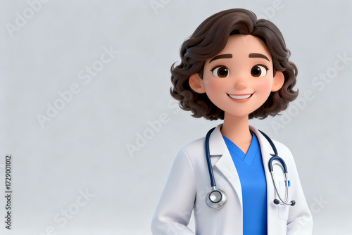 3D animated female doctor wearing white coat and stethoscope, smiling against a neutral background