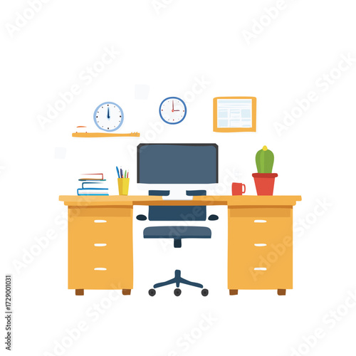 Illustration of a tidy office desk with computer, chair, and accessories, ready for work.
