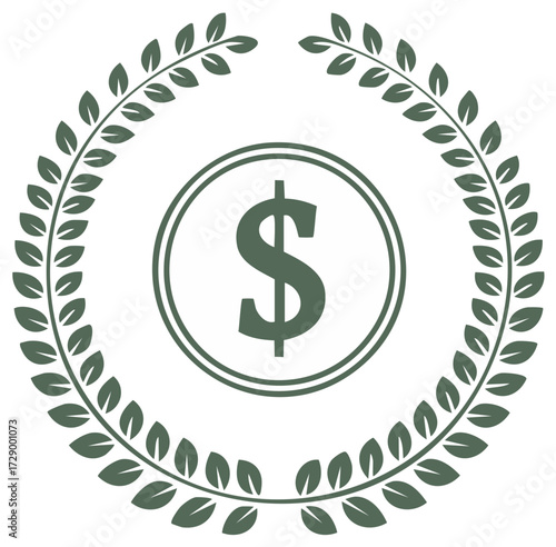 Olive Green Dollar Sign in Circle Surrounded by Laurel Wreath Symbol