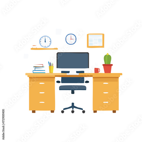 Vector illustration of an office interior room with a set of furniture including a desk, chair, computer, and bookshelf design