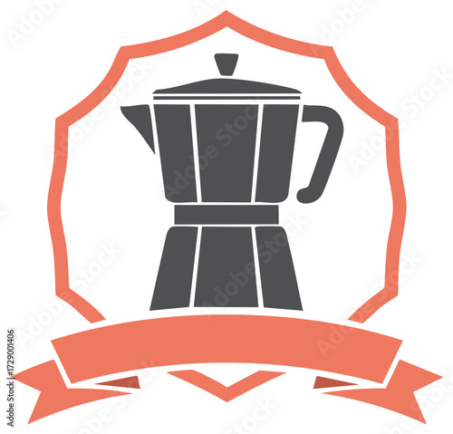 Moka Pot Graphic with Ribbon and Ornamental Border, Coffee Maker Icon