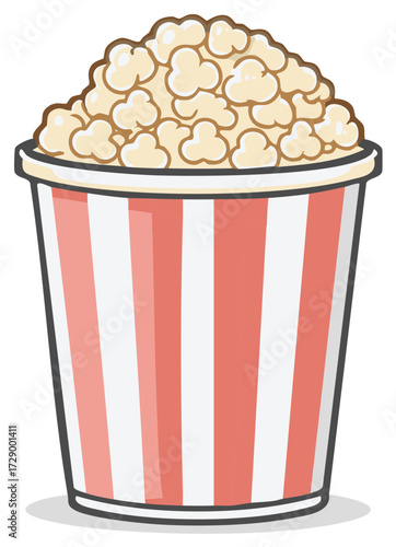 Cartoon Popcorn Bucket Full with Light Yellow Kernels and Red, White Stripes