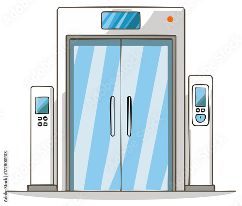 Modern Elevator with Glass Doors and Control Panels - Cartoon Style Illustration
