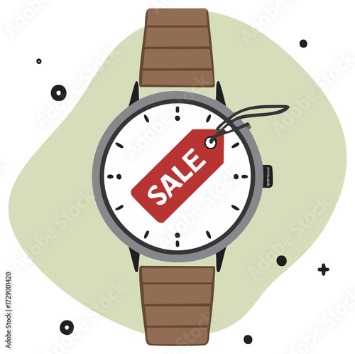 Hand drawn watch with a red sale tag for a limited time offer and shopping discount