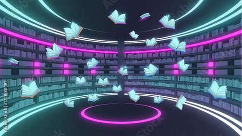 Neon library with flying books digital art illustration for education and knowledge themed backgrounds and designs