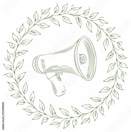 Hand Drawn Megaphone Illustration Enclosed in Natural Green Leaf Wreath