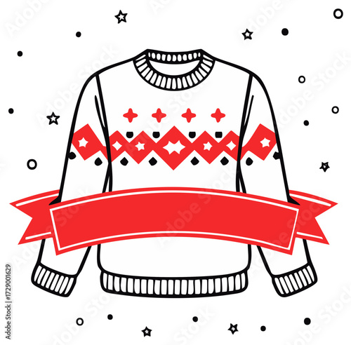 Festive Christmas sweater illustration with a Nordic pattern and blank red banner