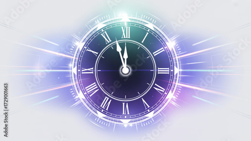 Abstract clock time countdown new year illustration background with roman numerals and light effects