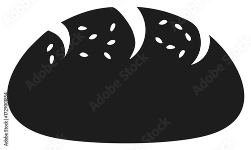 Stylized black silhouette of a rustic bread loaf with seeds and scoring