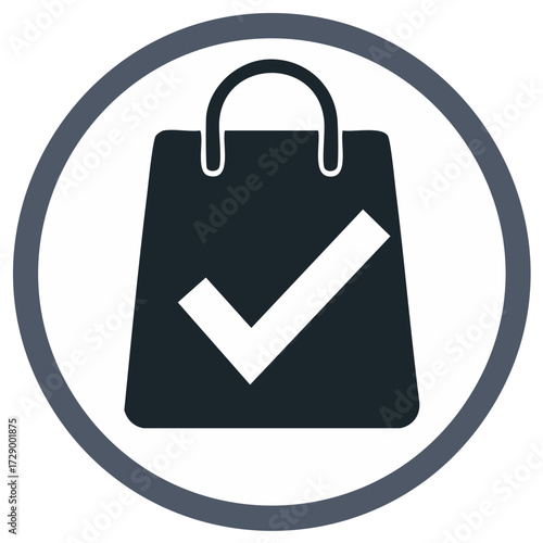 Shopping Bag Icon with Check Mark, Symbolizing Successful Purchase or Order Confirmation