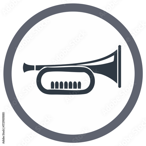 Trumpet illustration within a grey circle, musical instrument icon