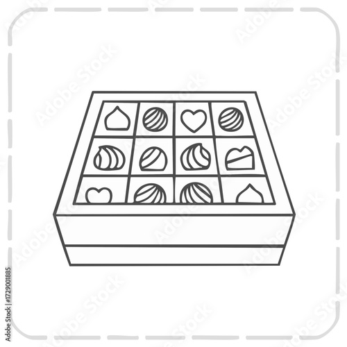 Open box of gourmet assorted chocolates showing different shapes in line art