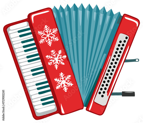 Festive Accordion Illustration with Snowflake Decorations and Bellows, Musical Instrument