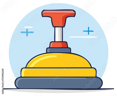 Cartoon plunger icon illustration depicting bright red handle and yellow domed shape on light blue circle backdrop